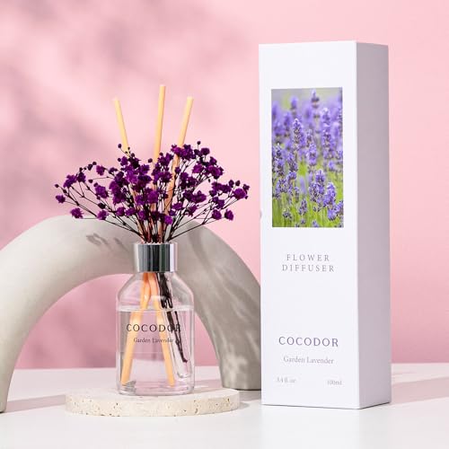 Image of COCODOR Flower Reed Diffuser Set / 3.4oz / Garden Lavender /Scent Diffuser with Sticks Home Fragrance Reed Diffuser for Bathroom Shelf Decor