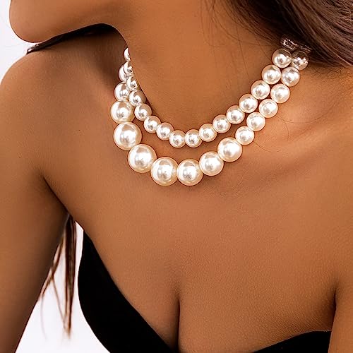 Wiwpar 2PCS Women's Chunky Large Multi-Strand Pearl Bridal Necklace Vintage 1920s Large Pearl Collar Choker for Wedding Party Jewelry 20s Flapper (Style1)4
