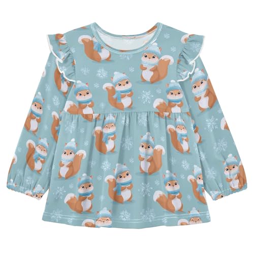 Squirrel Snowflake Girls Shirts Cotton Long Sleeve Ruffle Toddler Tee Tops