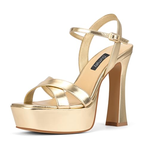 Dumjey Gold Platform Heels for Women Shiny Chunky High Heel Sandals with Ankle Strap, Open Toe Prom...