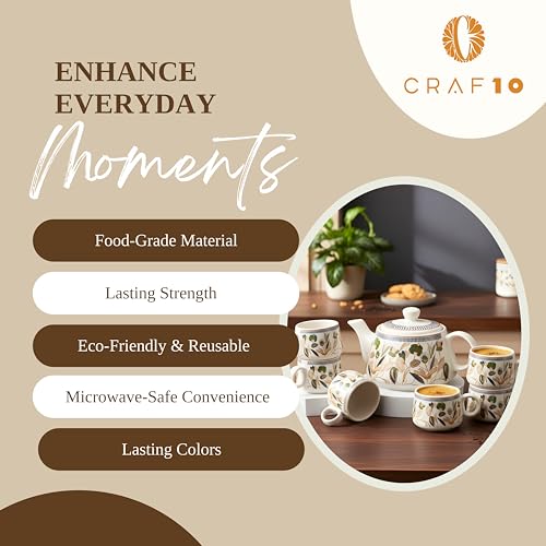 Image of CRAF10 Handcrafted Ceramic Botanic Gold Teapot Cup Set - 1 Kettle (1 Litre) & 6 Cups (160 ML), Microwave & Dishwasher Safe | Morning Set | Tea Sets with Kettle for Gifting