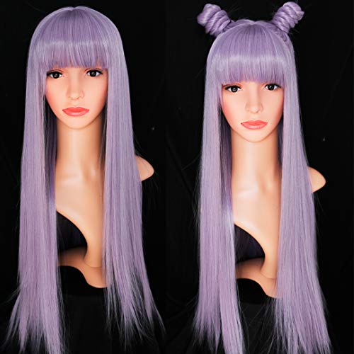 EVLYNN Wigs With Bangs Purple Straight Wig Long Synthetic Fiber Hair Mixed Light Purple Full Machine Made Guleless Wig