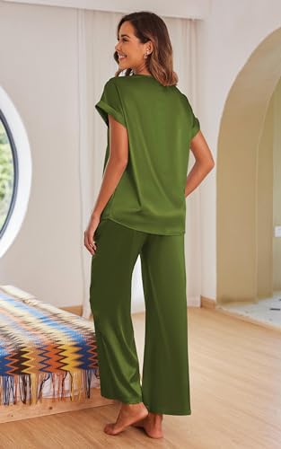 Image of Ekouaer Silk Pajamas Set Womens Lace V Neck Loungewear Short Sleeve Satin Shirt with Long Pant Silky Pjs