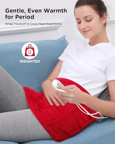 Image of Comfytemp Weighted Heating Pad for Period & Back, 2.2lb Extra Large Menstrual Heated Pad, 12 inch x 24 inch XL Electric Heat Pad with 9 Heat Level & 11 timers auto-Off for Neck Shoulder Leg Knee Abdomen, Red