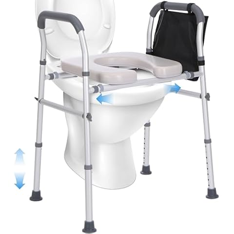 Raised Toilet Seat with Handles, Padded Toilet Seat Risers for Seniors, Adjustable Width & Height Toilet Safety Frame, Elevated Commode Chair with Arms for Pregnant, Handicap, Fit Any Toilet Cover