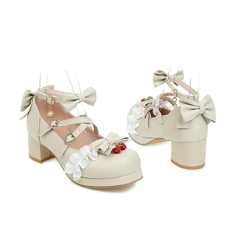 Kawaii Mary Jane Heels for Women Round Toe Low Block Heel Cross Ankle Strap Bow Lace Cute Dressy Pumps for Cosplay Wedding Prom Shoes4