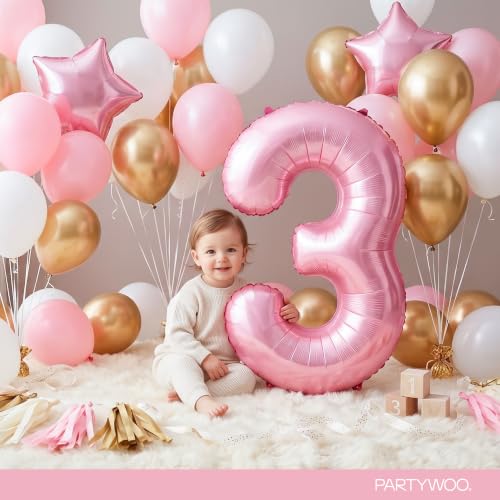 Image of PartyWoo Baby Pink Number 3 Balloon 40 Inch 25pcs Pink Foil Star White Gold
