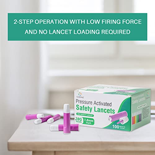 Careliving Safety Lancets, Sterile, Pressure Activated, 28 Gauge Needle, 1.8 Mm, 100 Count, Single-Use, Gentle For Comfortable Testing #TOP5