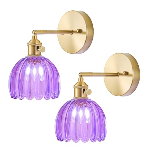 Image of Wall Sconces Set of Two Hardwired, Vintage Sconce Light with Tulip Purple Glass Lampshade, Bathroom Wall Lights with Switch, Gold Wall Light Sconces Wall Decor Set of 2