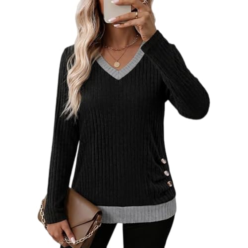 Lightweight Sweaters for Women V Neck Ribbed Knit Cozy Button Side Sweaters - image 4