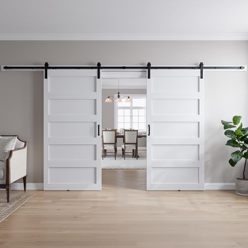 SmartStandard 56in x 84in (Double 28x84 Door) White Barn Door with 10FT Sliding Door Hardware Track Kit Included, Solid MDF Slab, 5-Panel, Suitable for Openings up to 54in x 82in 56"x84" Dou
