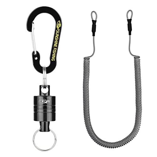 SF Strongest Magnetic Release Holder Keychain Fly Fishing Net Retractor Magnet Clip with Coiled Lanyard Carabiner - Black