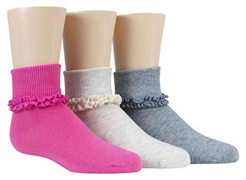 Stride Rite Baby Toddler 3 Pack Girls Turncuff Socks, Donna - Grey/Pink/Oatmeal Lace