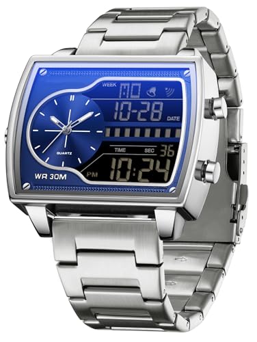 findtime Herrenuhr Rechteckig Retro Luxuriöse Armbanduhr Herren Digital Analog Quarz Klassische Business Leger DREI Zeitzone Wasserdicht Beleuchted Große Zifferblatt für Männer Silber Schwarz