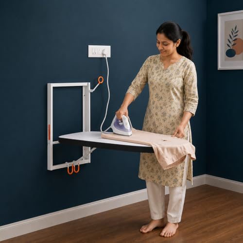 Image of Bathla X-Pres Vault Wall Mounted Ironing Board | Foldable Space Saving Iron Table | Easy-Release Lever | Compact Wall Mount Design for Home & Laundry Room Removable Cotton Cover (Off White)