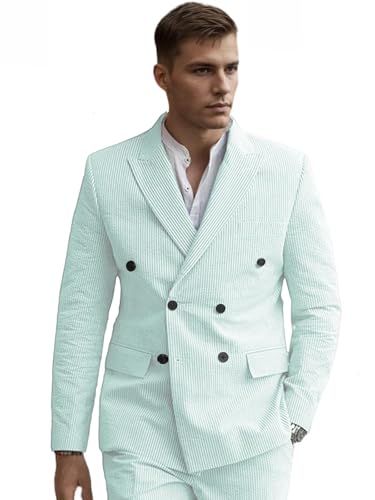 Men's 2 Pieces Searsucker Pinstripe Suit Casual Solid Six Button Blazer Slim Fit Double Breasted Jacket Trousers Party Set