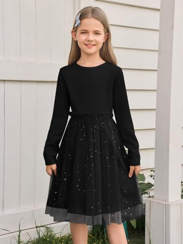 Yousify Girls Ribbed Tutu Dress Kids Long Sleeve Star Sequin Tulle Dress Birthday Party Dresses 5-14 Years2