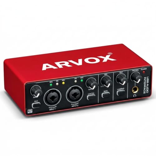 Image of Arvox Audio Interface 2x2 Gen 3 | Premium Mic Pre-Amps | 48V Phantom Power Support | 24bit /192kHz High Fidelity Recording | XLR /MIC /LINE inputs | Plug & Play-No Drivers | Metal Body | Red (GEN3)