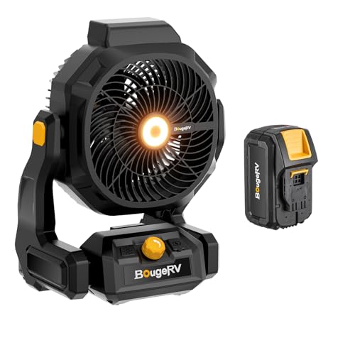 【着脱式バッテリー搭載】BougeRV充電式キャンプ扇風機 前後210度角度調整 15時間連続稼働 8Ah大容量バッテリー 高輝度LEDライト 【AC/バッテリー2WAY対応】 キャンプ・アウトドア・車中泊・作業用・工事・整備・倉庫・熱中症対策・防災・停電・地震・USB充電・照明・屋外・釣り・イベントF02の商品画像（Amazon）