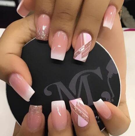 EVAZEN Square Press On Nails Pink Glossy Fake Nails Gradient Sparkle False Nails Ballerina Artificia Dailly Nails For Women And Girls(24PCS)