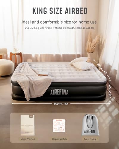 Airefina Inflatable Air Mattress, King Size Airbed with Built-in Pump, Double Blow Up Mattress in 3 Mins Fast Inflation, Upgraded Flocked Surface Comfort Air Bed for Home&Camping Use -203x152x46cm