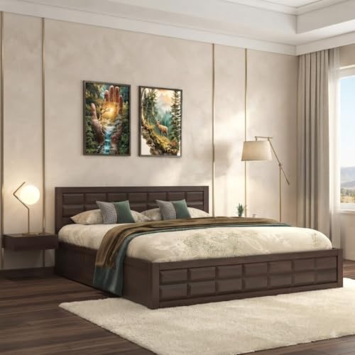 Image of Sheesham Wood King Size Bed with Box Storage | Wooden Double Bed Cot Palang Furniture for Bedroom Living Room and Home (Walnut Finish)