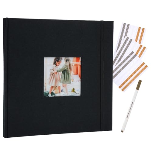 Hiwhy Scrapbook Album, 10\"x10\" DIY Photo Album with Square Window Linen Cover Kraft Paper 32 Sheets, Stylish Memory Book for Wedding, Anniversary, Family, Travel, Black