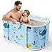 Faltbare Badewanne für Dusche, 92L x57W x 56H cm, freistehende Badewanne mit Sitz, Warmwasserdusche, Eisbad, Sauna, Massagewanne, tragbares Eisbad für Erwachsene (hellblau Ozean-Stil)