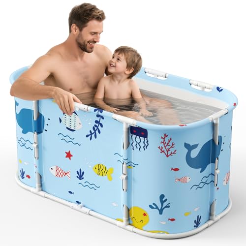 Faltbare Badewanne für Dusche, 92L x57W x 56H cm, freistehende Badewanne mit Sitz, Warmwasserdusche, Eisbad, Sauna, Massagewanne, tragbares Eisbad für Erwachsene (hellblau Ozean-Stil)