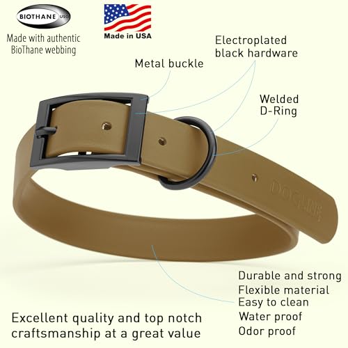 Image of Dogline Biothane Waterproof Dog Collar Strong Coated Nylon Webbing with Black Hardware Odor- Proof for Easy Care Easy to Clean High Performance Fits Small Medium or Large Dogs, Coyote Brown