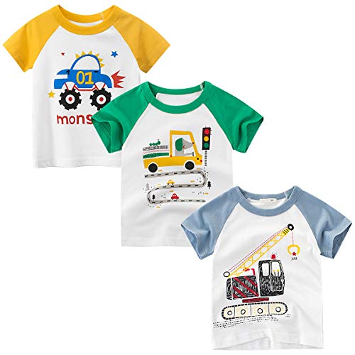 DEEKEY Toddler Little Boys Shirts 3-Pack Short-Sleeve Graphic T-Shirts Top Tees for Kids 2-7T (SUV Truck Tractor, 2T)