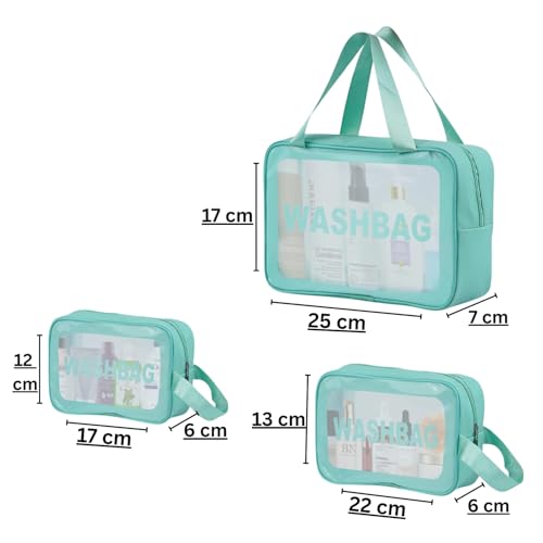 Image of Gritty Wash Bag Pouch for Travel Kit Toiletry Bag Cosmetic Bag Make Up Box for Brushes,Accessories with Handle,Large Capacity Waterproof Travel Storage Organizer Set of 3(Mint Green)