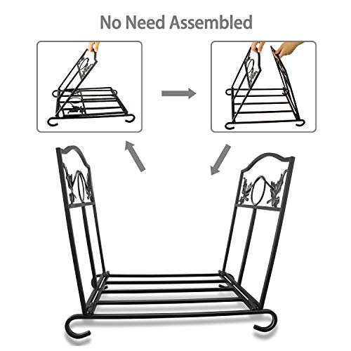 WBHome Large Capacity Firewood Rack Log Holder Wrought Iron, Firewood Stove Stacking Rack Logs Bin Firewood Storage Carrier, for Outdoor/Indoor - Thumbnail 5