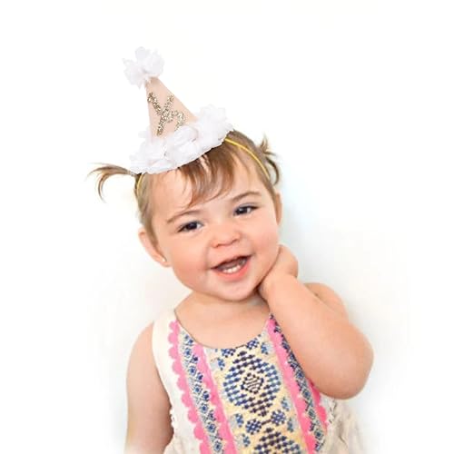 White Flower 1/2 Birthday Hat - Baby Girl Half Birthday Decorations,6 Months Baby Birthday Flower Cone Hat,Gold Glitter 1/2 Birthday Photo Props,White Gauze Floral Half Way To One Party Hat4