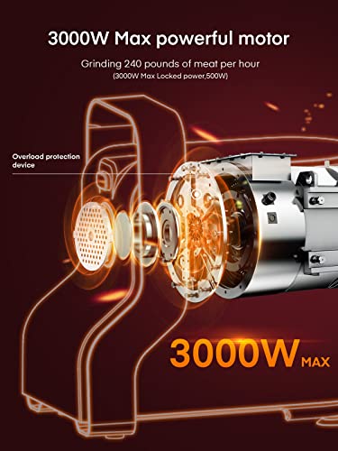 Electric Meat Grinder Heavy Duty - 5 In1 Home Meat Grinder - 3000W Max Powerful - Sausage Stuffer - Slicer/Shredder/Grater - Kubbe & Tomato Juicing Kits - 3 Stainless Steel Grinding Plates - Size #12 #TOP1