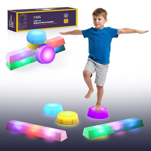 Image of Special Supplies LED Stepping Stones for Kids -Light-Up Balance Blocks- Coordination & Balance for Toddlers & Children- Durable Non-Slip Rubber, Safe Indoor & Outdoor Play