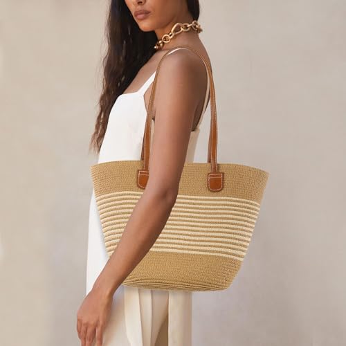 Image of Ayliss Women Straw Bag Large Handwoven Summer Beach Tote Shoulder Handbag Purse Striped Handmade Weaving Straw Bag