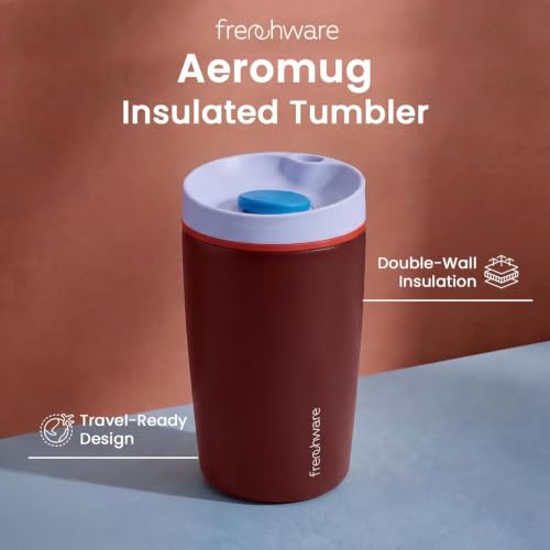 Image of Frenchware AeroMug Insulated Stainless Steel Coffee Tumbler, 450 ml | Smooth Sip Slider, Reusable, Hot & Cold Coffee Travel Mug, Dark Merlot