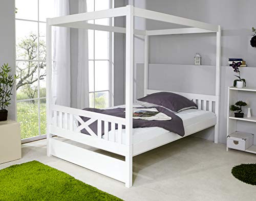 TiCAA Kinderbett Himmelbett mit Schubkasten 140x200 cm, für Jungen & Mädchen, Montessori Bett weiß aus Kiefer Massivholz