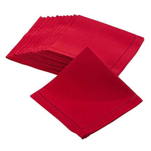 SARO LIFESTYLE Classic Hemstitch Cloth Napkins (Set of 12) - Elegant Everyday Dinner Napkins with Textured Fabric and Hemstitched Border for Dining Tables and Formal Entertaining, 22"x22", Red
