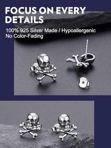Bandmax 925 Sterling Silver Skull Stud Earrings Hoop Earrings for Women Men Punk Gothic Halloween Skull Skeleton Earring Studs Hoops2