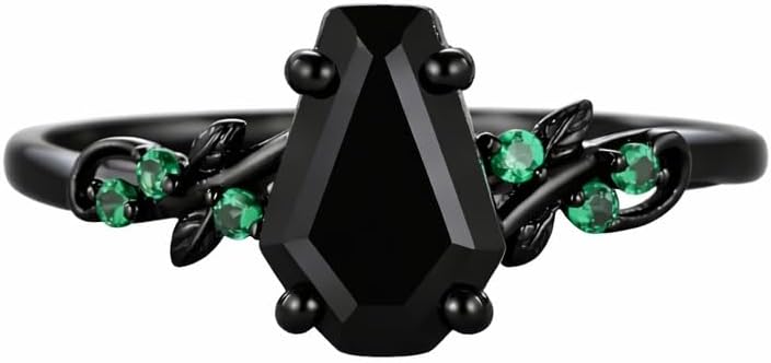 Hexagon Cut Black Onyx Engagement Ring for Women Vintage Leaf Vine Design with Emerald Stones Black Gold Handmade Promise Unique Statement Jewelry Gift for Her