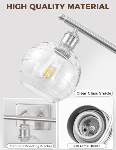 Image of DORESshop 3-Light Bathroom Vanity Light Over Mirror, 24 Inch Brushed Nickel Bathroom Light Fixtures with Clear Glass Globe Shade, Modern Vanity Lights for Bathroom, Mirror, Living Room, Bedroom
