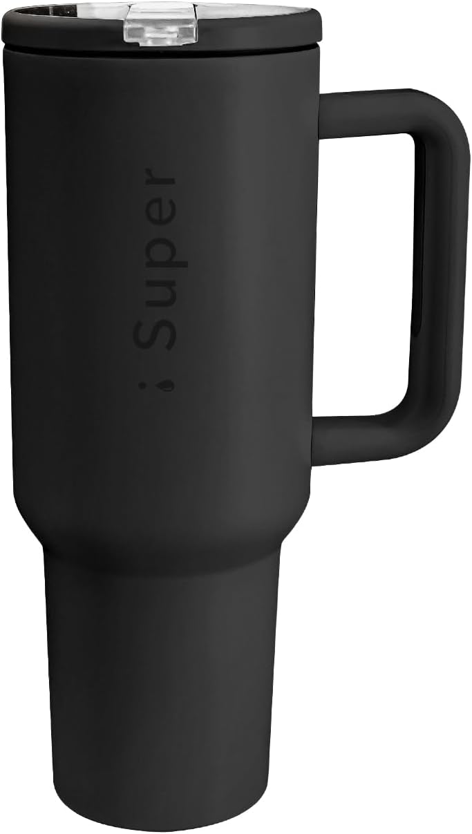 40oz Water Bottle with Handle and Flip Straw, Insulated Stainless Steel Fits in Cup Holder Leak Resistant Tumbler Travel Mug (Black, 40oz)