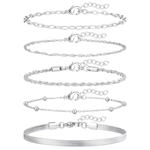 adoyi Silver Bracelets for Women, 14K Gold Plated Stackable Bracelet Stack Set Adjustable Charm Paperclip Chain Cuban Link Layered Waterproof Jewelry Gifts for Womens 6.5 Inch