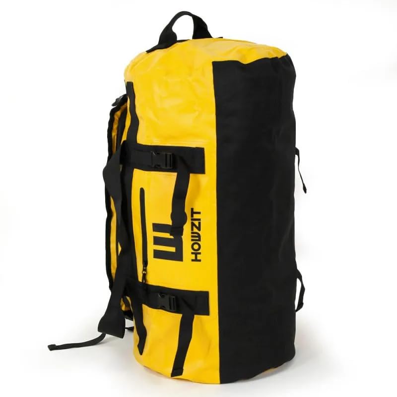 Howzit Sac de Voyage Étanche 60L – Grand Duffel Bag Imperméable en Polyester 500D – Convertible Sac à Dos ou Main – Coutures Soudées & Zip Étanche – Idéal Camping, Kayak et Nautisme (Jaune)