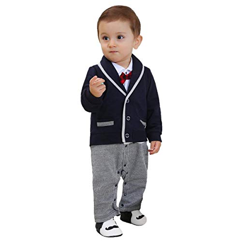 ZOEREA Baby Boys Romper Suits Bow Tie Baptism Wedding Tuxedo Jumpsuit Cotton,Label 70/Age 6-9 Months,Navy
