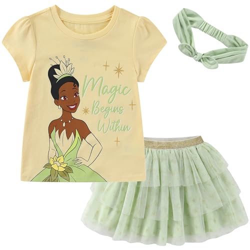 Disney Princess Moana Frozen Girls Short Sleeve Shirt and Tulle Skirt with Headband Set for Toddler and Big Kids