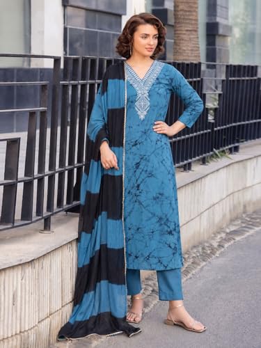 Image of ANNI Designer Kurta Sets for Women Cotton Blend Printed | Kurti Set for Woman | Kurta Pant Dupatta Set | 3 Piece Set Women | Straight Kurti | V Neck 3 /4 Sleeve Suit Set Stylish Ethnic Outfit Clothing