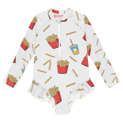 French Fries and Drinks Girls Rash Guard Swimsuits Long Sleeve One Pieces Bathing Suit UPF 50+ Zipper Swimwear